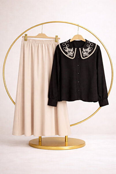 vikitekno Women's Skirt with Pockets and Embroidered Shirt Two-Piece Set