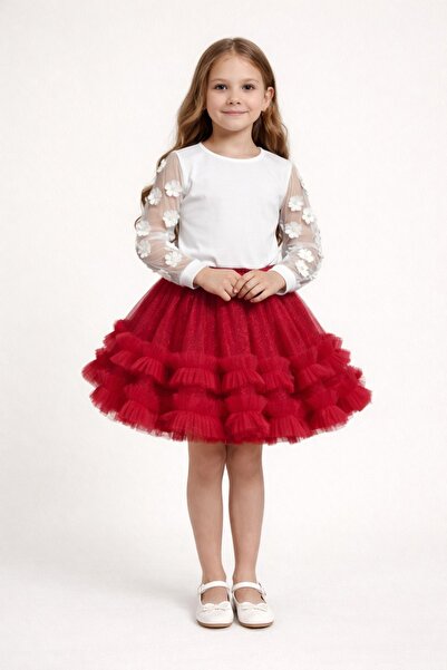 Nacar 23 Nisan 29 Ekim Gösteri Kıyafeti Çicek Detaylı Tül Kollu Tütü Etekli K...