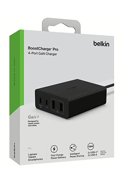 Belkin Încărcător de birou USB Gan de 108 W cu 4 porturi (dual C și A), cablu...