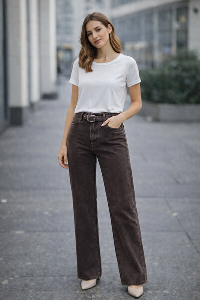 Rich Star Belt Detailed Wide Leg Brown Jeans