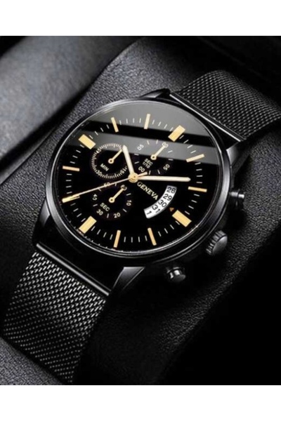 Geneva Men's Black Quartz Watch with Gold Accents and Metal Bracelet