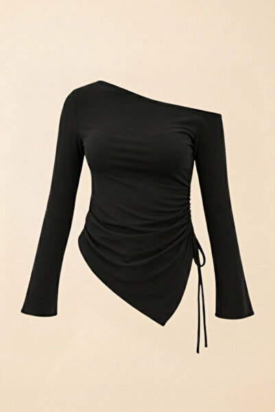 Potenza Γυναικεία μπλούζα με έναν ώμο, ασύμμετρη, με σούρες στο πλάι, μακρυμά...