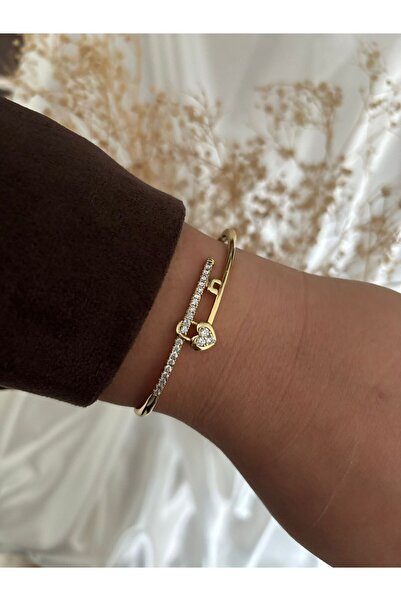 XUPING JEWELRY Kalp Detaylı Zrikon Taşlı 14K Vip Çelik Kelepçe Bileklik