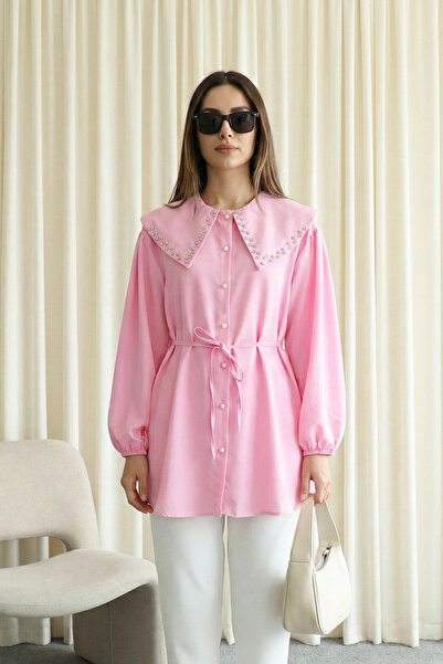 MODAQU Tunic with Stone Collar and Buttoned Lacing - Pink