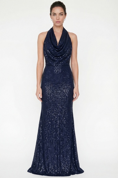 Lafaba Women's Navy Blue Slim Fit Halter Neck Long Sequin Evening Dress