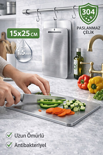 Kasel Home Paslanmaz Çelik Kesme Tahtası - 304 Kalite - 15x25 cm (1 adet)