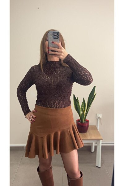 WellWay Boat Neck Transparent Detail Cashmere Fabric Blouse-Brown