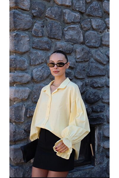 Zey Studio Women's Yellow Ruffled Sleeve Detailed Linen Shirt