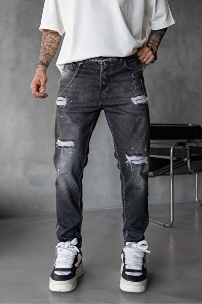 MODINI Slim fit jeans with chain, rips and splash effect (code 6745) - 38