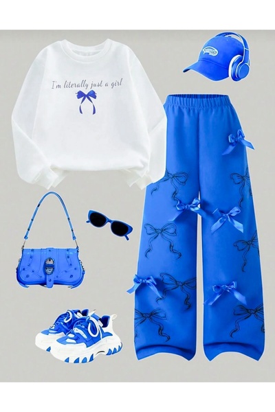 Kids Kurdele baskılı Beyaz sweatshirt alt geniş paça mavi kurdele detaylı takım