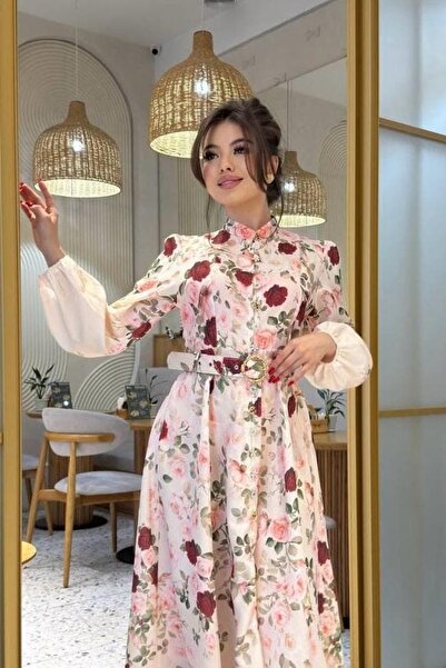 Pulli Collection Rose Patterned Belted Linen Midi Belted Dress