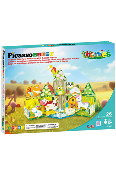 PicassoTiles Set de plăci Picasso cu tematică fermă, 8 animale, 26 bucăți (PT...