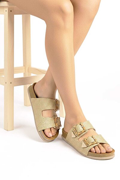 McDark Women's Beige Straw Material Cork Orthopedic Insole Buckle Slippers