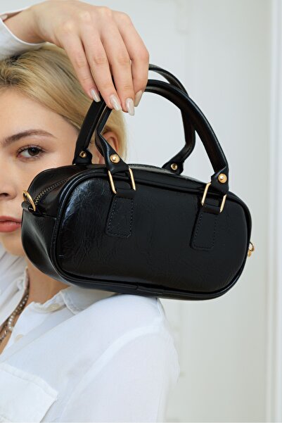 Zeyne Zyn07 Women's Black Shiny Patent Leather Look Mini Hand and Shoulder Bag