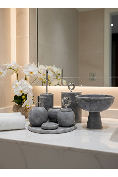 BRONX MARBLE Gri Mermer Oval Banyo Seti, 8 Parça Kaseli ,Yuvarlak Gümüş Akses...