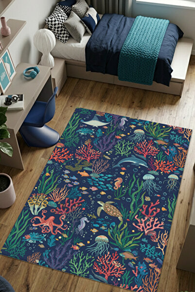 The Reef Design Okyanus Desenli Çocuk Odası Halısı Yıkanabilir Kaymaz Dijital...