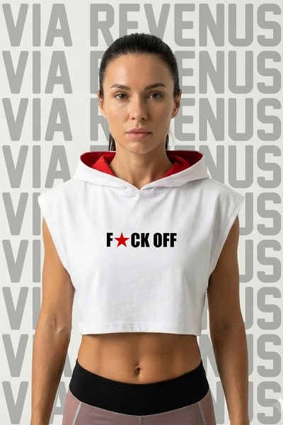 Vordevia F*CK OFF Αθλητικό γυναικείο crop top με στάμπα και κουκούλα χωρίς μα...