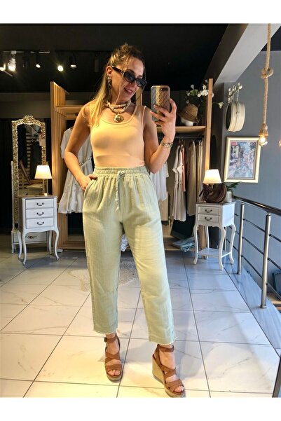 Gözde Tasarım Butik Women's Mint Green Color 100% Cotton Muslin Pants with El...
