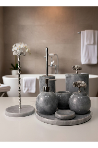 BRONX MARBLE Gri Mermer Oval Banyo Seti, 8 Parça , Mantar Gümüş Aksesuar Deta...