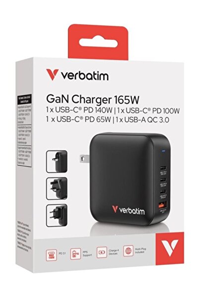 Verbatim Încărcător mini GaN 165W cu 4 porturi și priză americană, cu adaptoa...