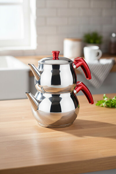 Taşev Velantra Steel Teapot Set Claret Red
