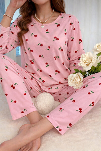 WALJA Kadın Pembe Kiraz Desenli Milan Kumaş Pijama Takımı Uzun Kollu Bisiklet...