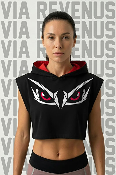 Vordevia Γυναικείο αθλητικό crop top με κουκούλα και στάμπα ματιών, χωρίς μαν...