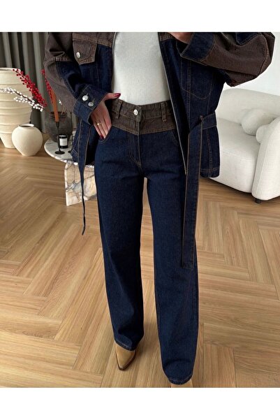 Ekim Store Kontrast Bağlamalı Fermuarlı Ceket Pantolon Denim Takım