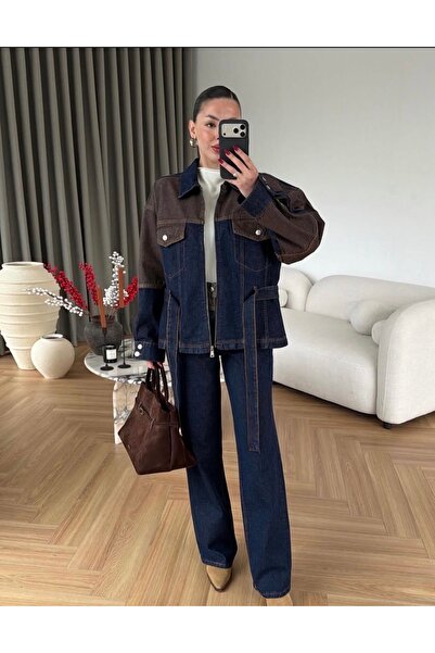 Ekim Store Kontrast Bağlamalı Fermuarlı Ceket Pantolon Denim Takım