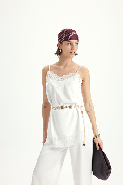 MAI STUDIOS CO. Maris Lace Detail White Satin Trouser Set