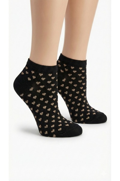 KAIYA Women's Cotton Black Ankle-Length Socks – Heart Figured (2 Pairs)