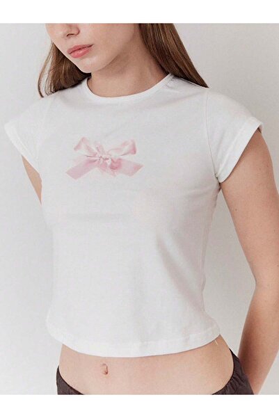 Velostra Women's Pink Bow Printed Basic Daily Use Crop T-Shirt