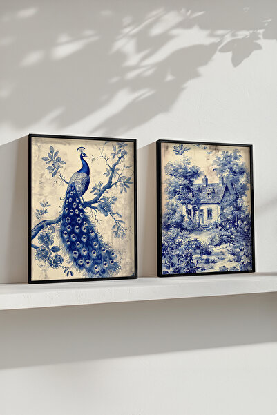 STARYUNA Black Wooden Framed Peacock and Vintage House Double Painting Set Yu...