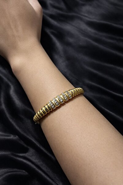B&B Jewerly Zirkon Taş Detaylı Gold Renk Spiral Tasarım Kadın Kelepçe bileklik