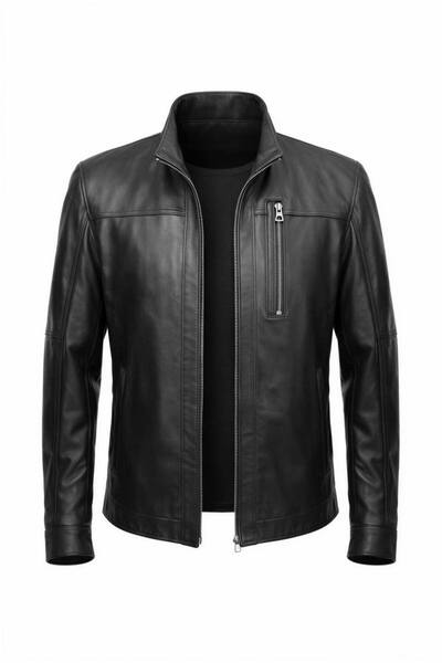 VELZANA Hakiki Kuzu Derisi Erkek Deri Ceket Slim Fit Fermuarlı Siyah Deri Mont