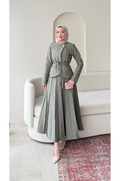 Miraydın Butik طقم سترة بزر واحد وتنورة مطوية - أخضر