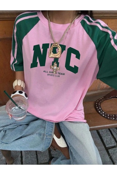 Gofeel Pembe Yeşil Baskılı Reglan Kol Oversize T-shirt