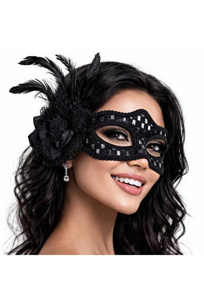 ArkhenX Black Feathered Ball Mask Women's Party Accessory