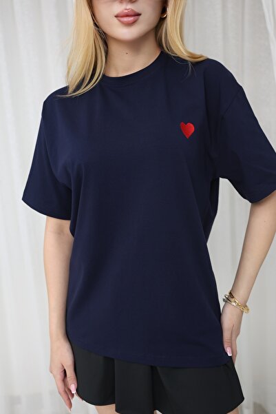 GRODYT Red Embroidered Heart Detailed Oversize T-Shirt, Short Sleeve Cotton F...