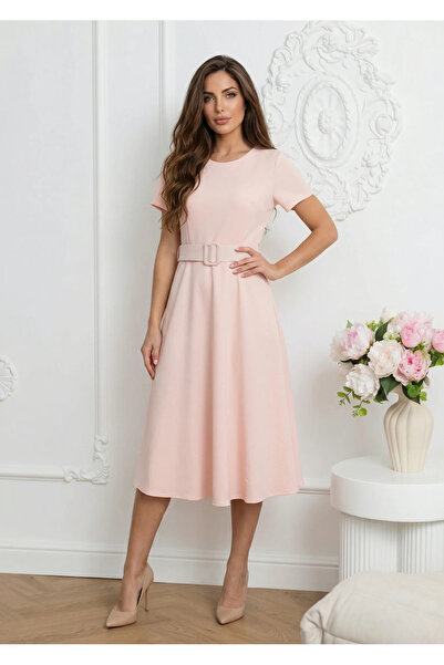 UniqueStore.ro Pink viscose midi dress with belt at the waist