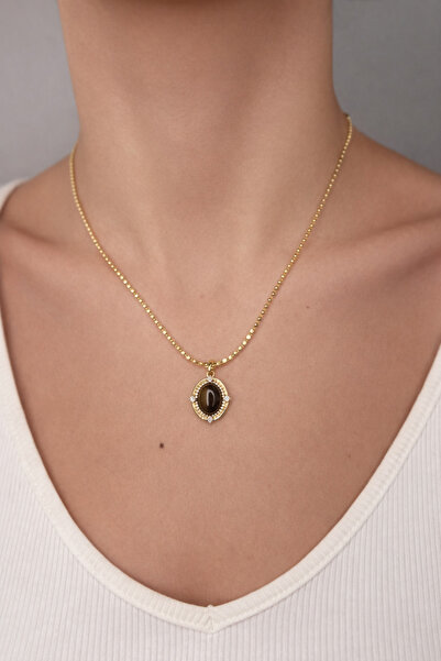 lit accessories Bohem Minimal Kahverengi Taşlı Çelik Kolye