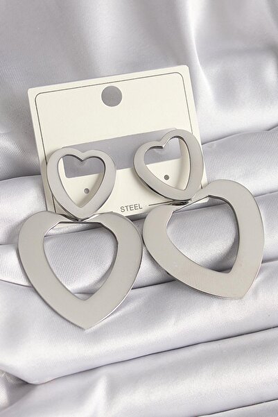 BUTİK AYVİTRİN 316L Steel Silver Color Heart Model Women's Earrings