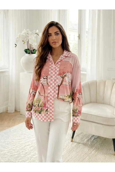UniqueStore.ro Pink satin shirt with Mediterranean landscape print