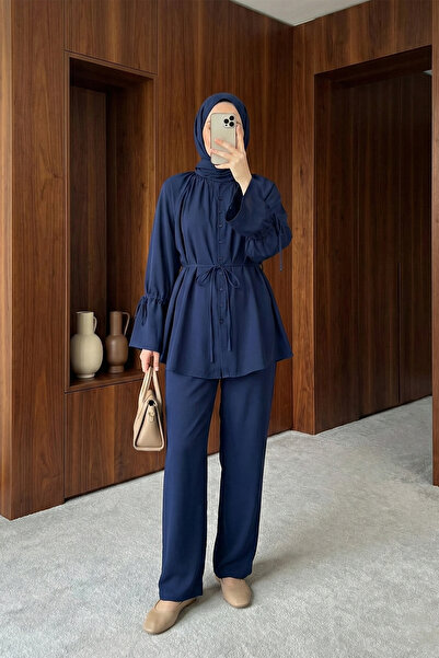 MODAQU Drawstring Detailed Lace-Up Tunic Trouser Set - Navy Blue