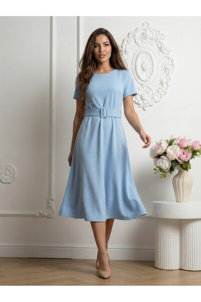 UniqueStore.ro Blue viscose midi dress with belt at the waist