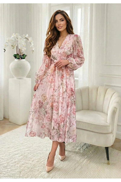 UniqueStore.ro Long tencel dress with pastel pink floral print