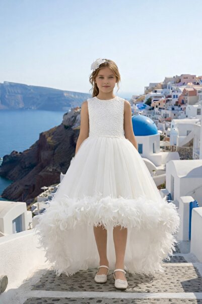 Lindissima Otriş Kaz Tüyü detaylı kuyruklu Abiye Elbise, Beyaz, 5-14 Yaş, Düğ...