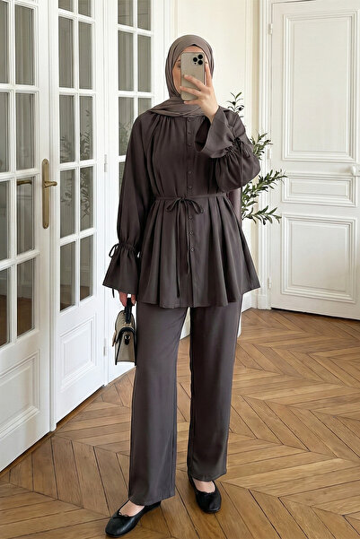 MODAQU Drawstring Detailed Lace-Up Tunic Trouser Set - Brown