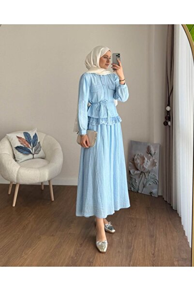 Miraydın Butik Lace Detailed Shirt and Skirt Set M25191 - Blue