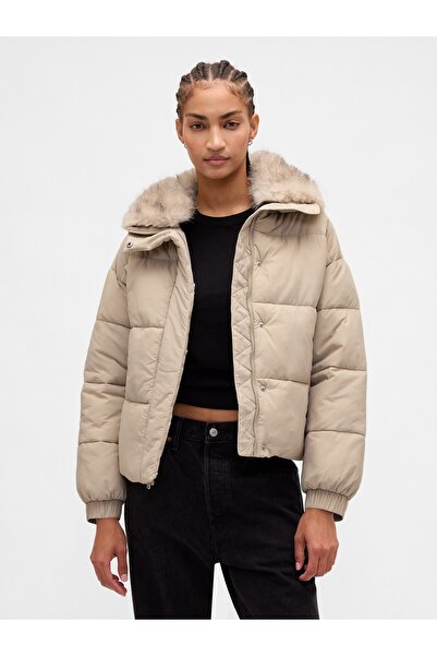 GAP Kadın Bej Faux Fur-Trim Puffer Şişme Mont